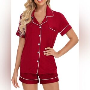 Women's Red Short Sleeve Pajama Set with White Trim - Medium